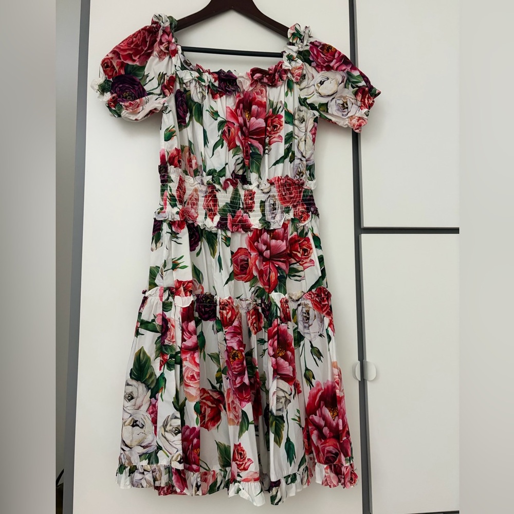 Dolce & Gabbana White Floral Off-Shoulder Dress with Pink and Red Roses